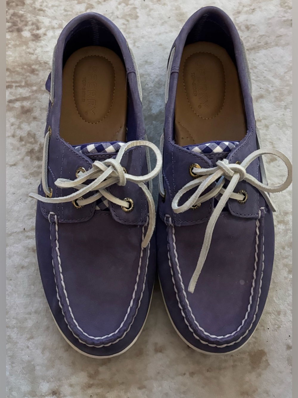 Sperry Koifish Gingham Boat Shoes Women’s Sz 6.5 Purple Leather 2-Eye Loafers